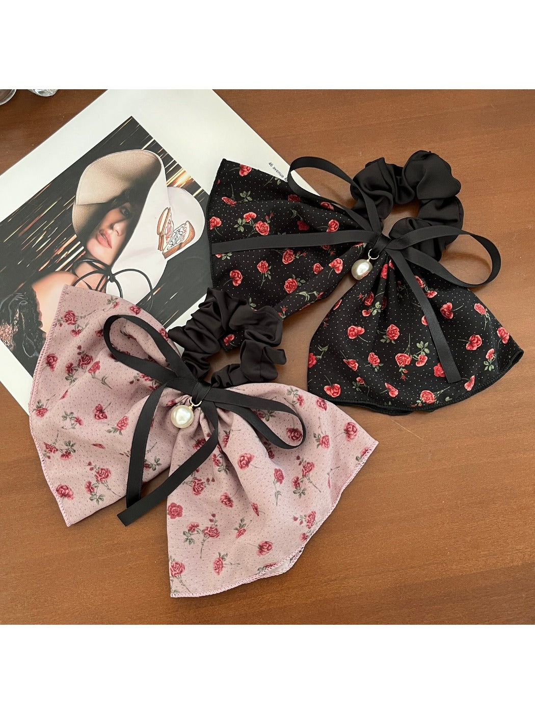 Gifty-Large Bow Hair Tie Floral Print Low Ponytail Accessory