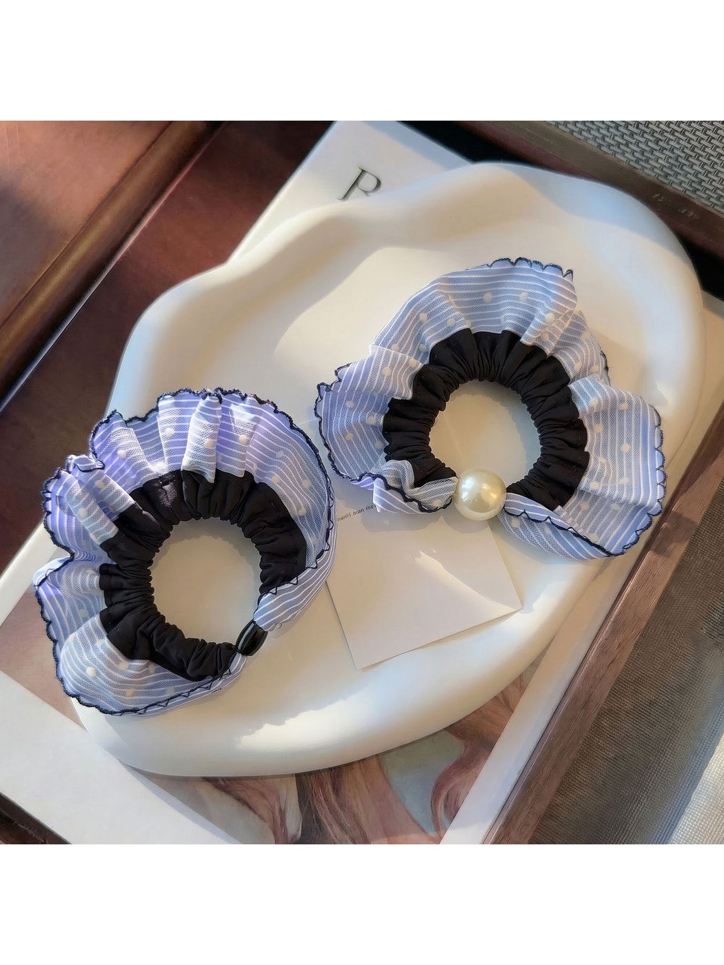 Gifty - Blue Plaid Polka Dot Fabric Scrunchie