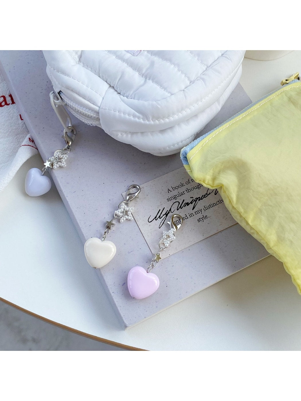 Keypus - Beaded Heart Bag Charm Alloy Plastic Keychain