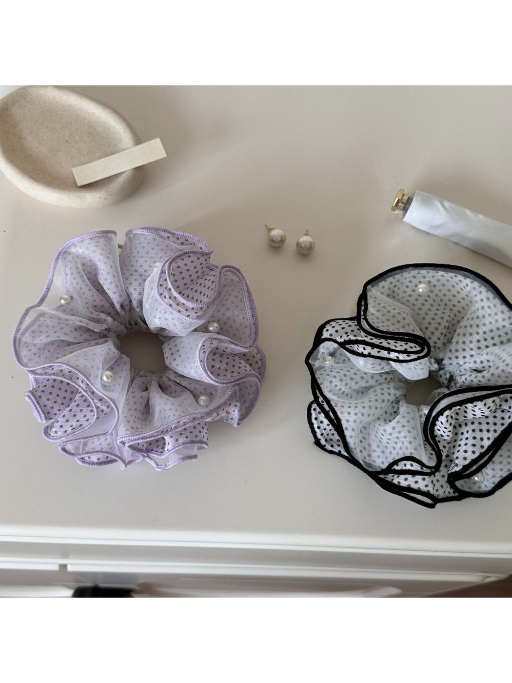 Gifty - Ruffled Polka Dot Mesh-Look Polyester Scrunchie