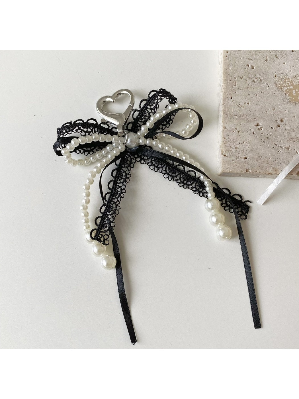 Keypus - Beaded Trim Lace Bow Decorative Bag Charm Keychain