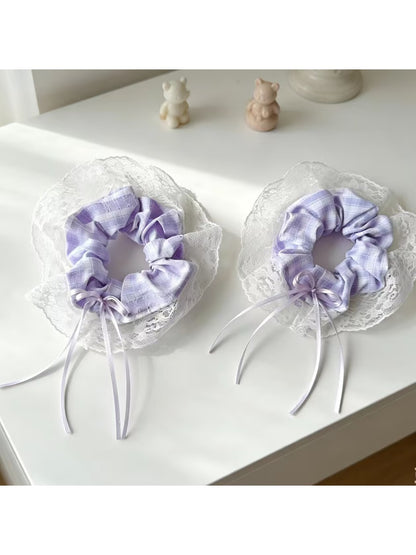 Gifty - Purple Checked Lace Frill Bow Detail Scrunchie