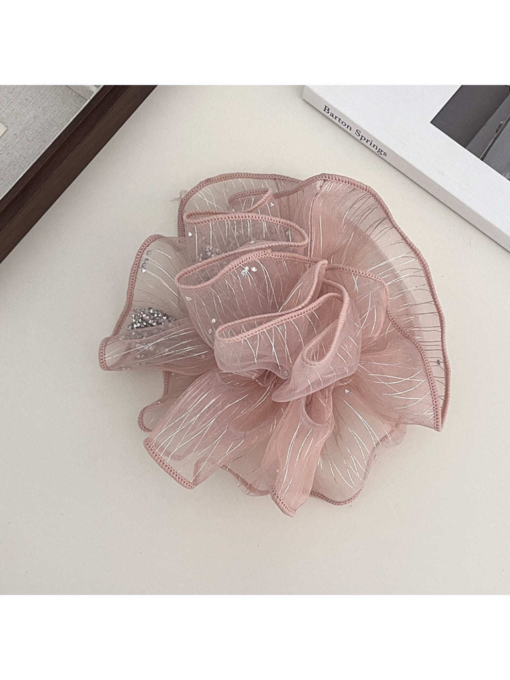 Gifty double layer ruched scrunchie in soft pink, styled with casual outfit