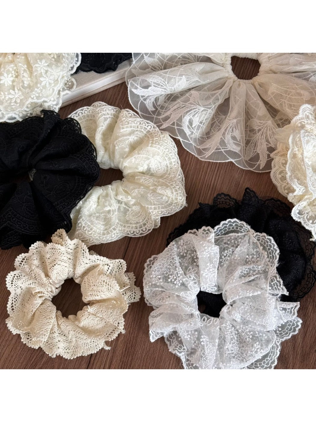 Gifty refined lace scrunchie styled in a woman's hair from side view