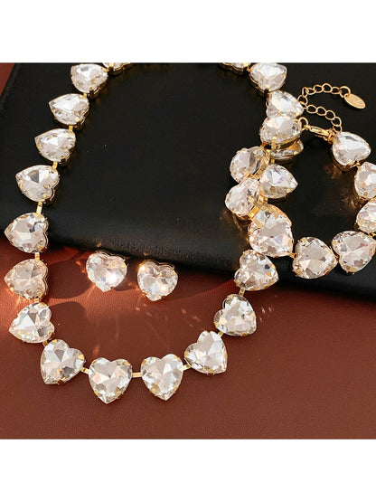 Nozari - Heart Rhinestone Collarbone Chain Necklace Set