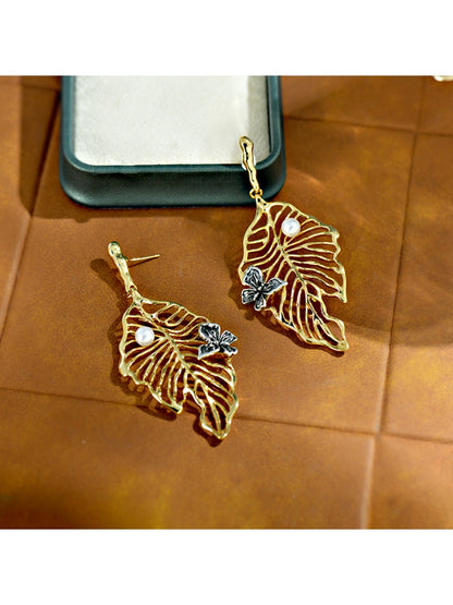 Earedge - Elegant Openwork Leaf Shaped Drop Earrings