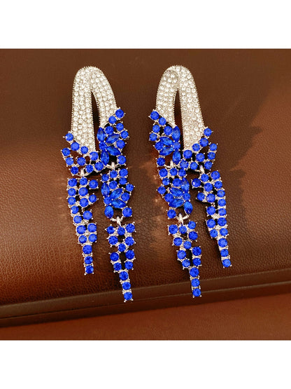 Earedge - Geometric Rhinestone Tassel Dangle Stud Earrings