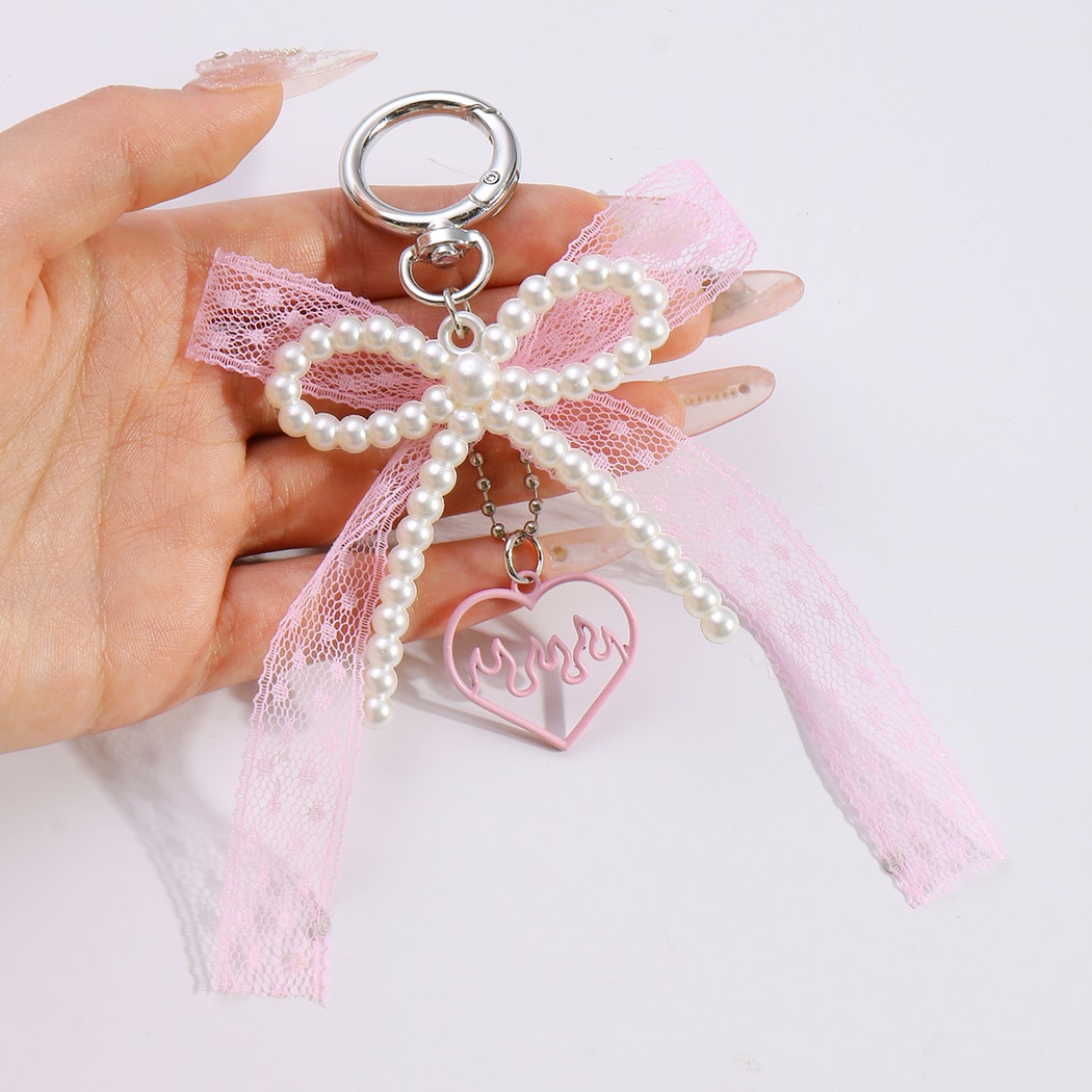 Keypus - Y2K Lace Bow Beaded Heart Keychain