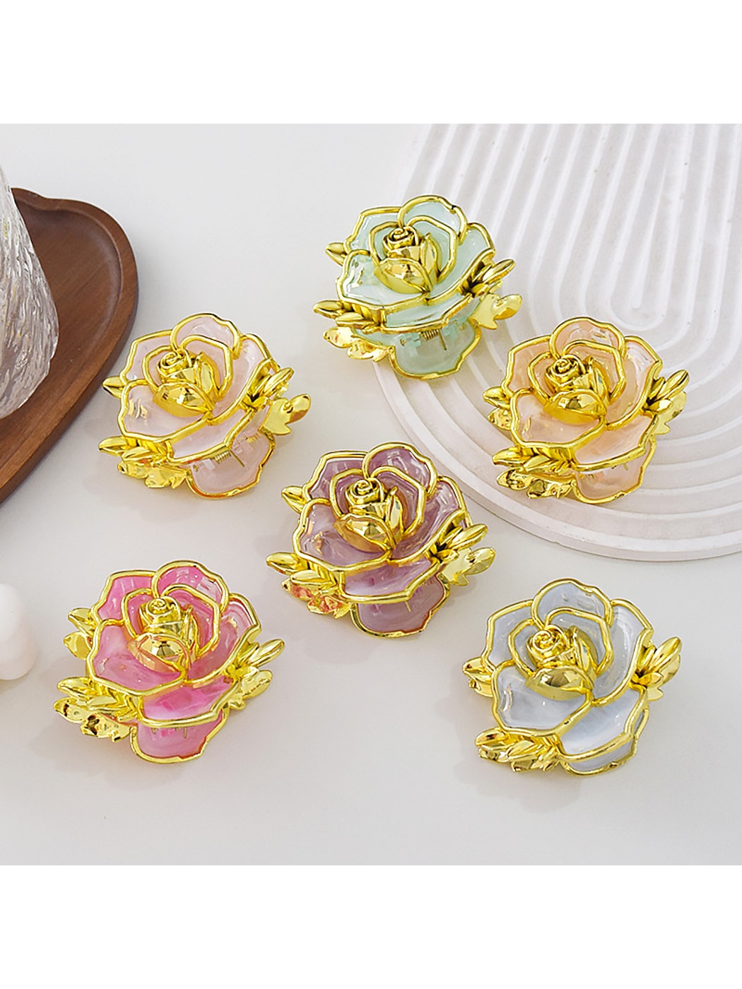 Beau - Sweet Floral Rose Gold Trim Hair Claw Clip