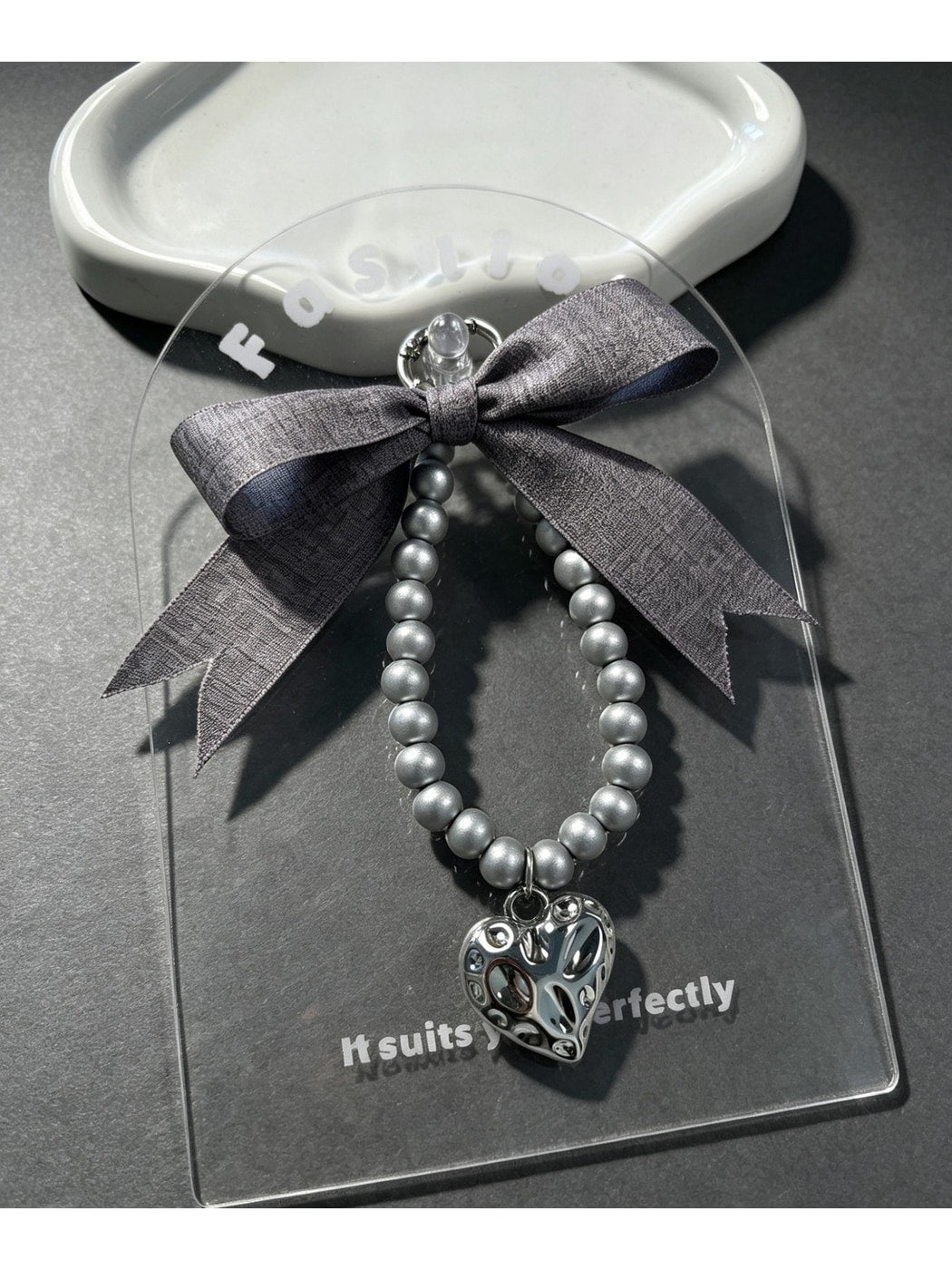 Keypus - Ribbon Bow Beaded Heart Pendant Bag Charm Keychain