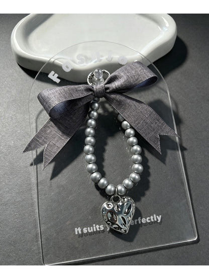 Keypus - Ribbon Bow Beaded Heart Pendant Bag Charm Keychain