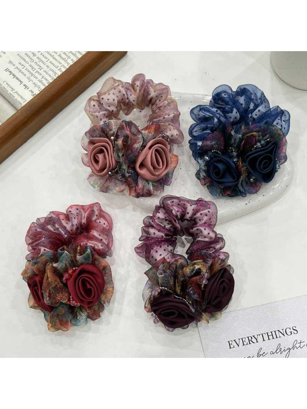Gifty-Floral Hair Tie Elegant Bow Scrunchie Summer Mesh