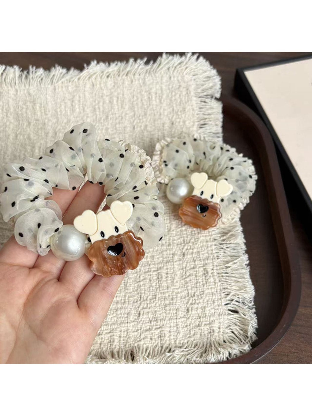 Gifty - Cartoon Dog Polka Dot Ruffle Trim Scrunchie