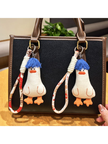 Close-up of blue duck keychain showing detailed hair texture and facial features