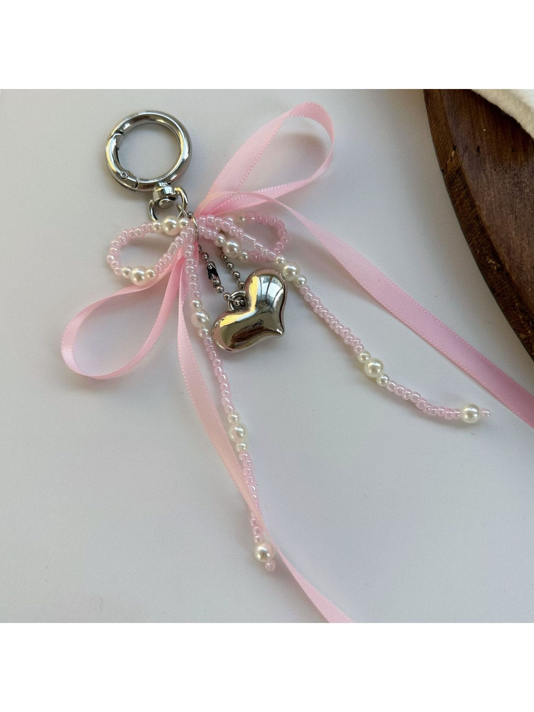 Keypus - Beaded Ribbon Bow Heart Bag Charm Keychain