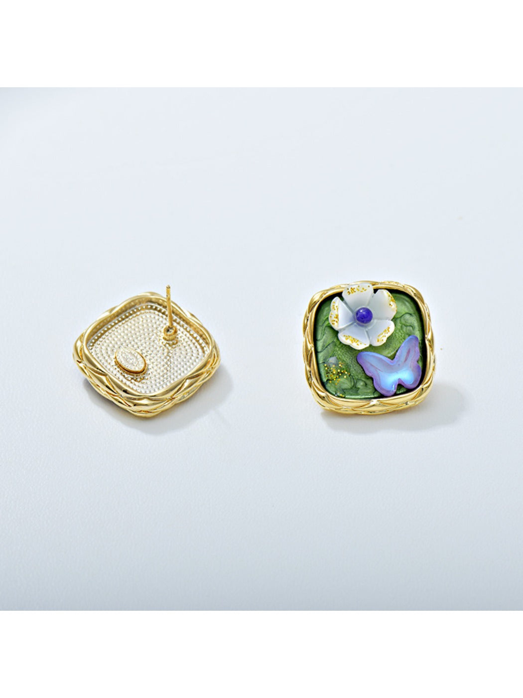 Earedge - Inlaid Floral Square Stud Earrings
