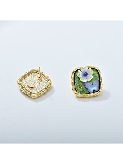 Earedge - Inlaid Floral Square Stud Earrings