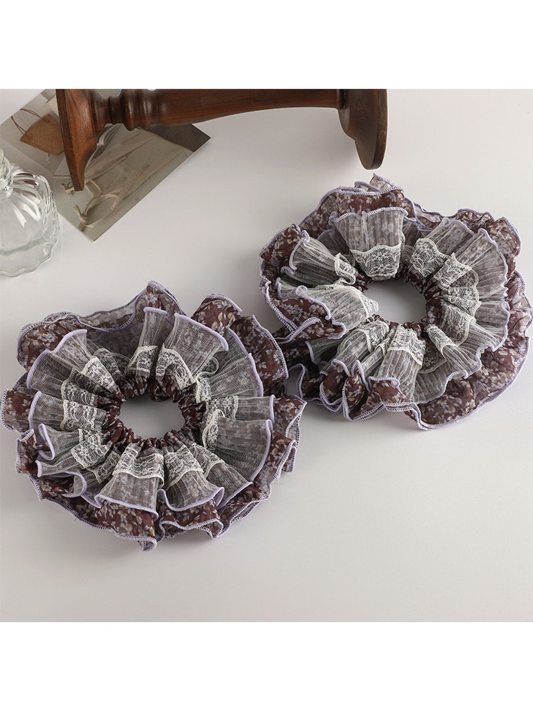 Gifty - Purple Floral Mesh Sheer Ruffle Scrunchie