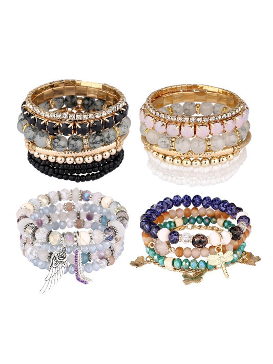 Close-up of Lovra vintage layered beaded bracelet with mixed metal and stone beads