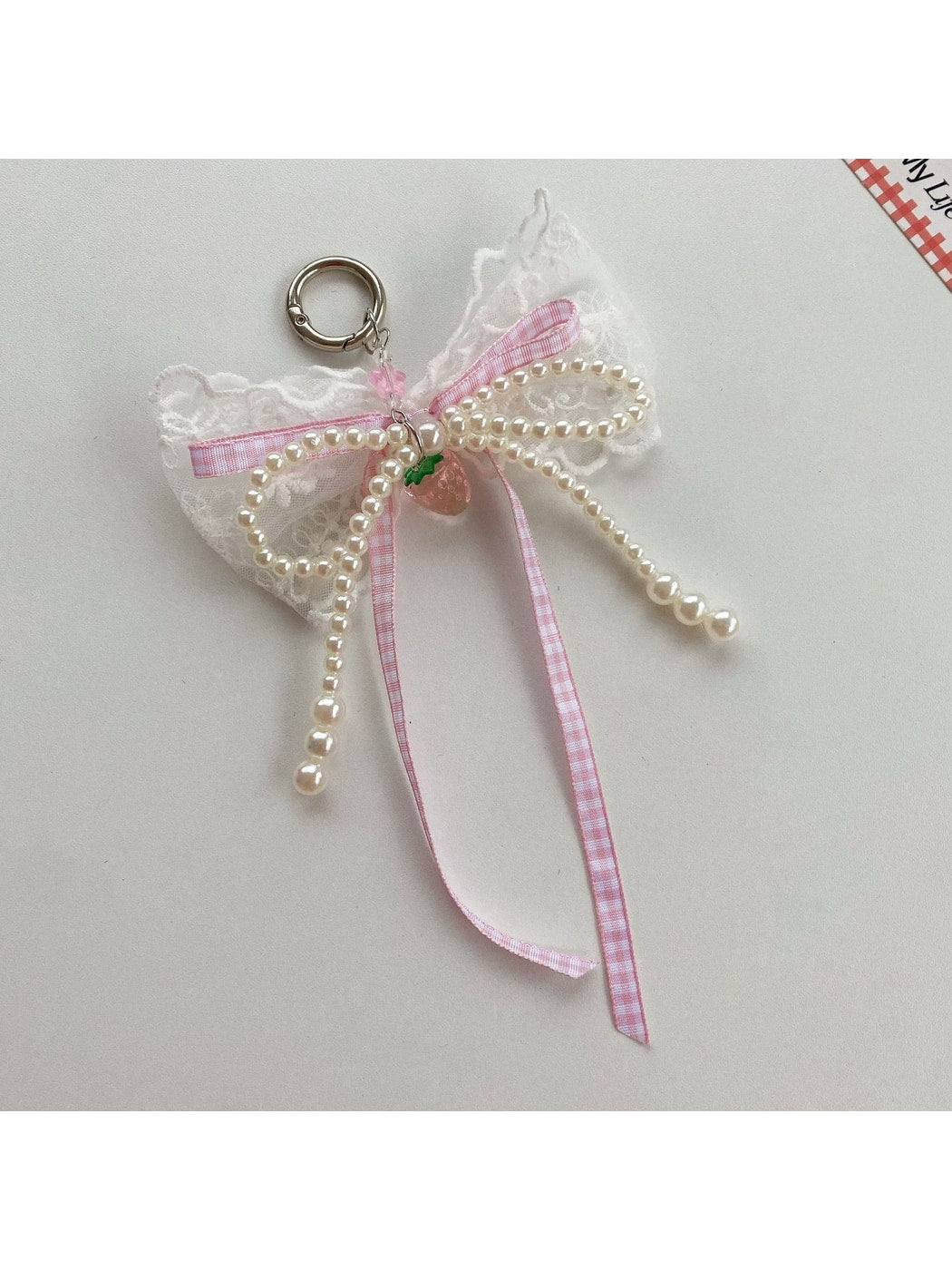 Keypus - Plaid Lace Beaded Bow Bag Charm Keychain