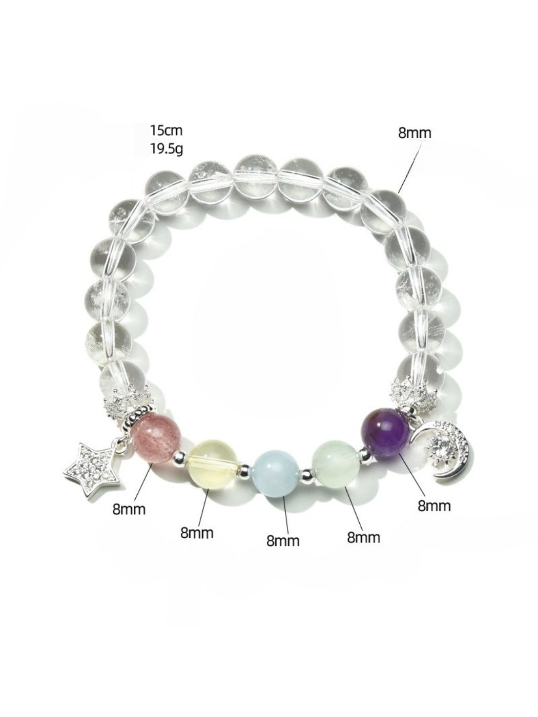 Close-up of Lovra bracelet showing detailed multi color crystal beads and white string