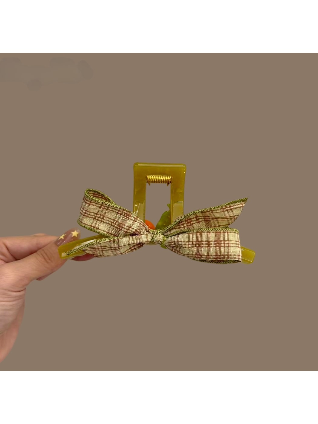 Beau - Fruit Detail Plaid Bow PC Claw Hair Clip