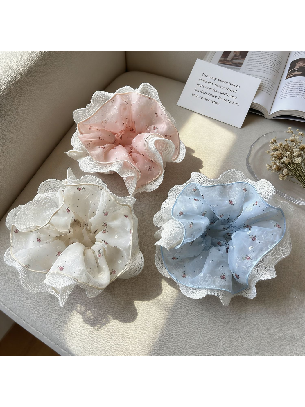 Gifty - Floral Lace Trim Wide Scrunchie Hair Tie