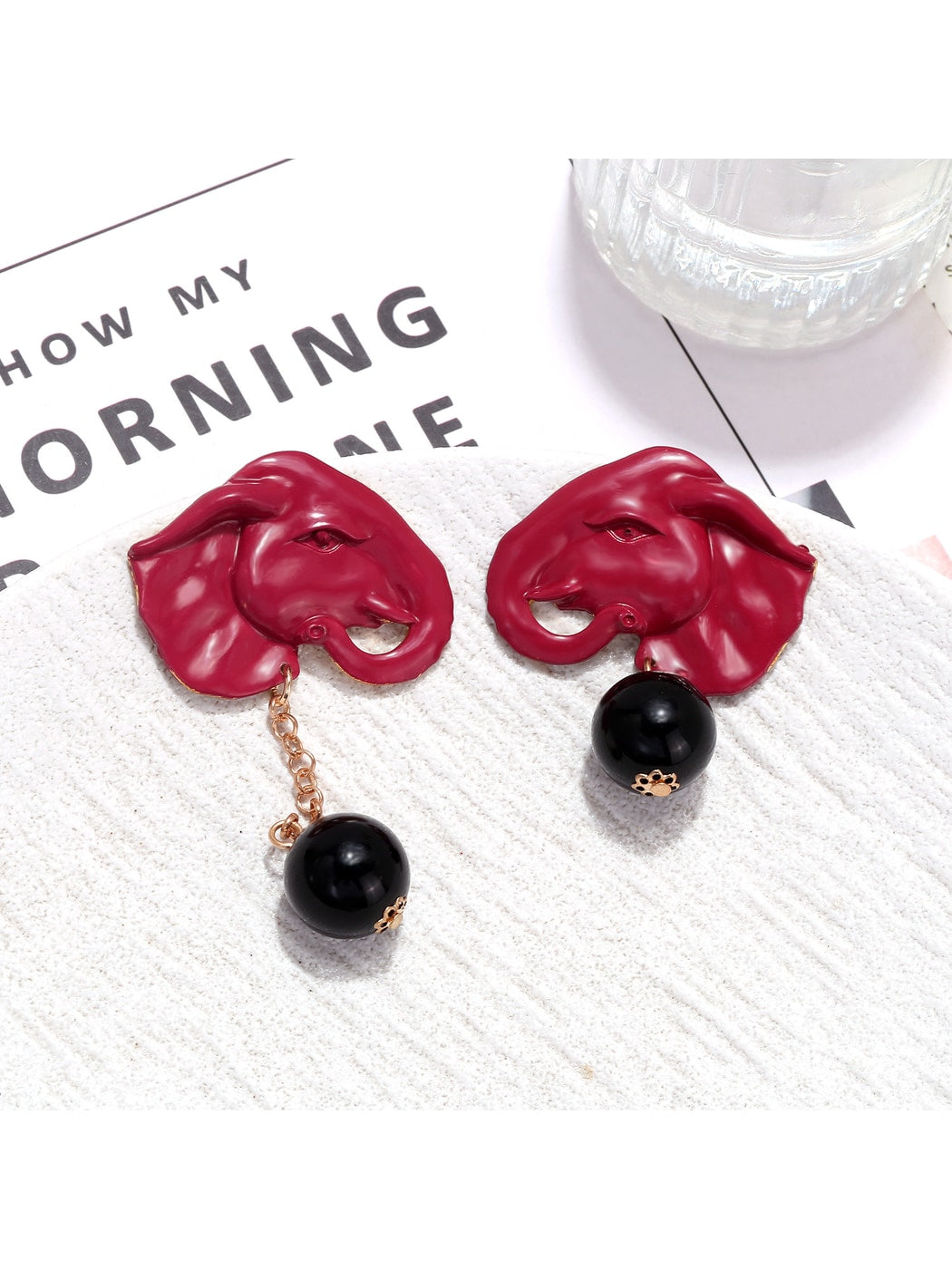 Earedge - Asymmetrical Elephant Black Bead Dangle Earrings