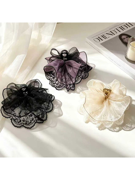 Beau - Flower Mesh Bow Lace Trim Decorative Claw Clip