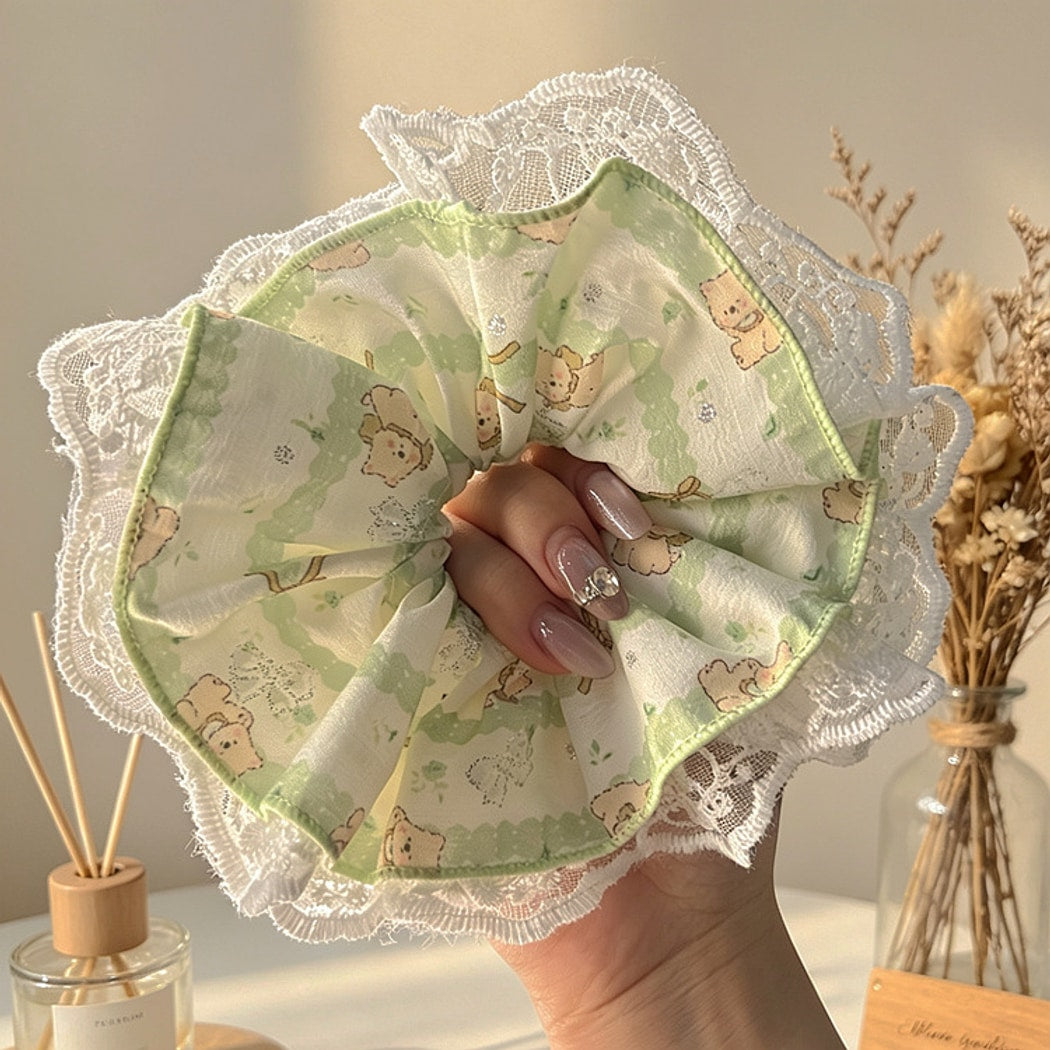 Gifty - Cute Bear Print Lace Trim Scrunchie