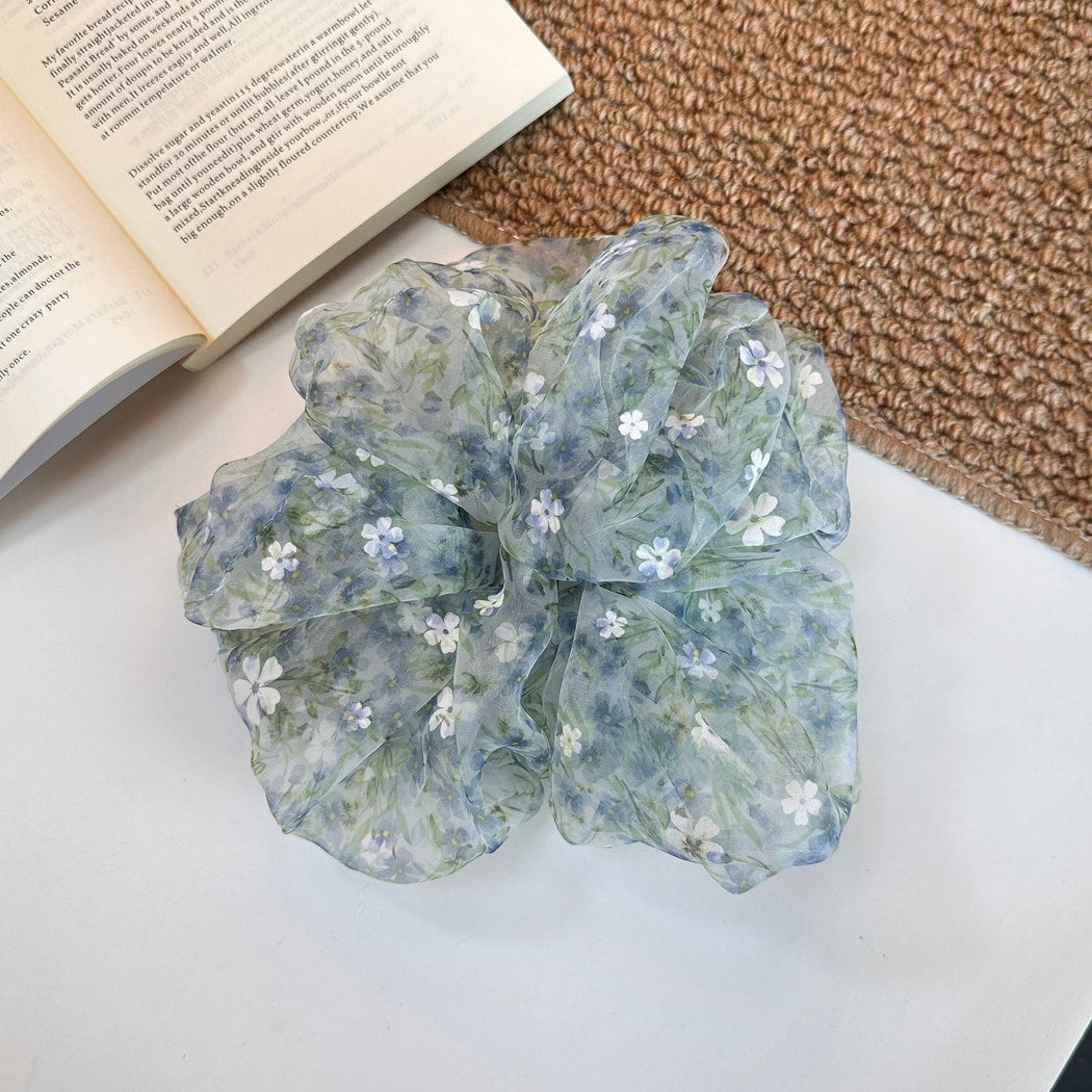 Gifty - Blue Green Floral Print Mesh Scrunchie