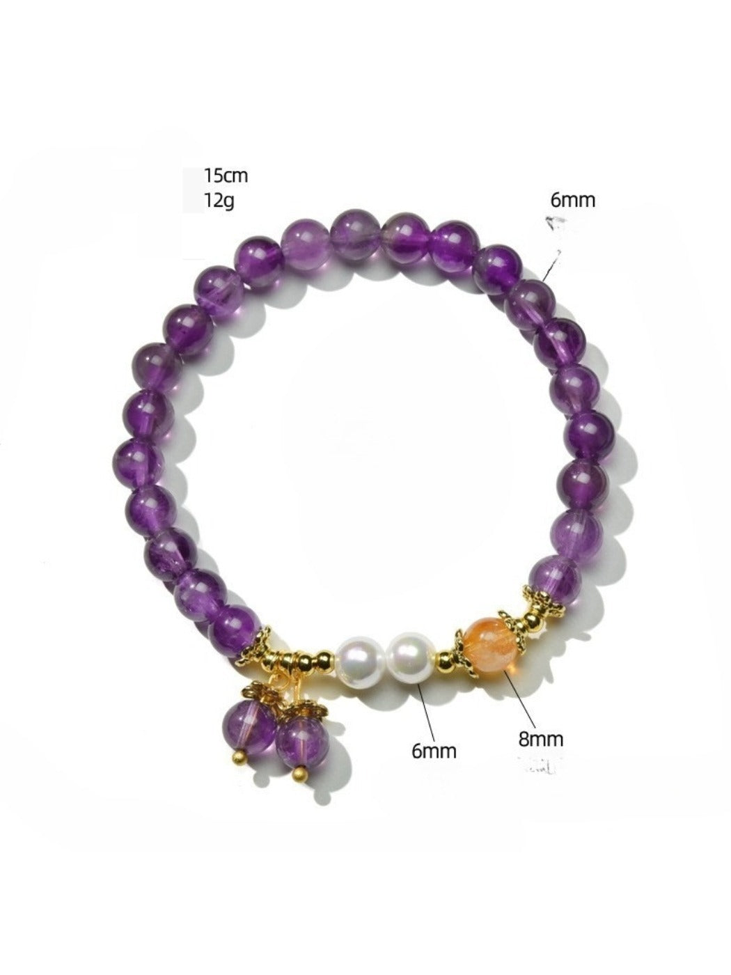 Lovra bracelet displayed on a jewelry stand with purple crystals