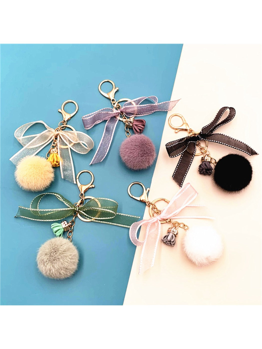 Keypus - Lace Bow Pompom Bag Charm Keychain