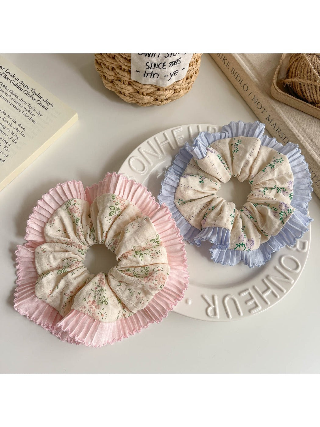 Side view of Gifty tiny floral print scrunchie highlighting texture