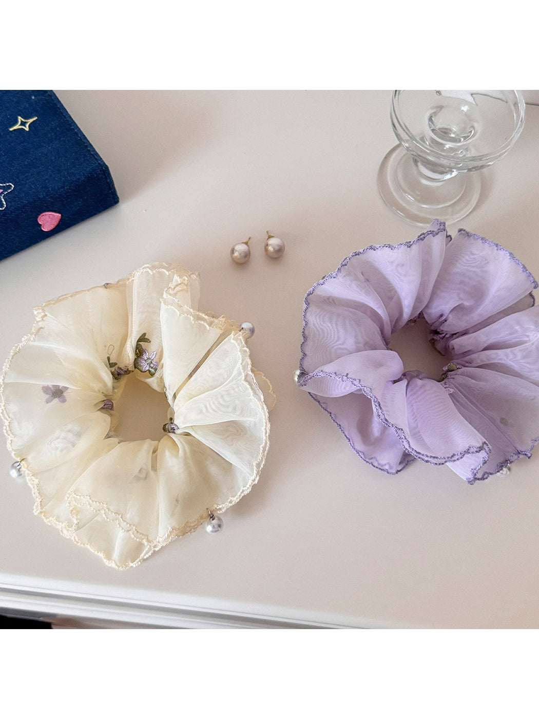Gifty - Embroidered Floral Mesh Polyester Scrunchie