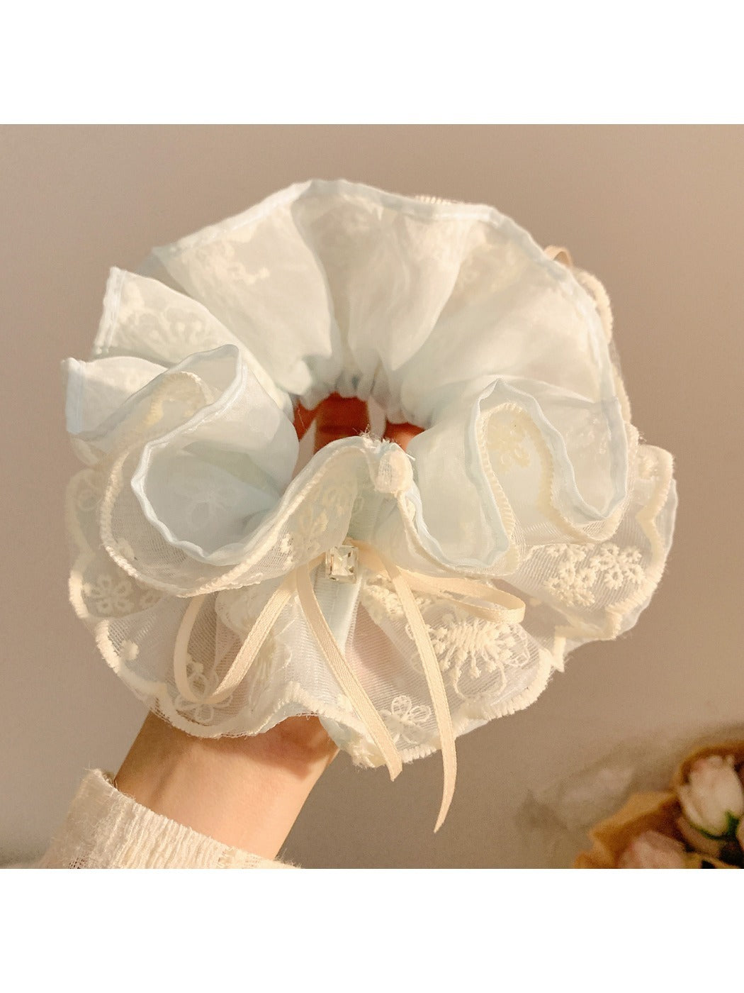Side view of Gifty double layer tulle scrunchie highlighting volume and fabric