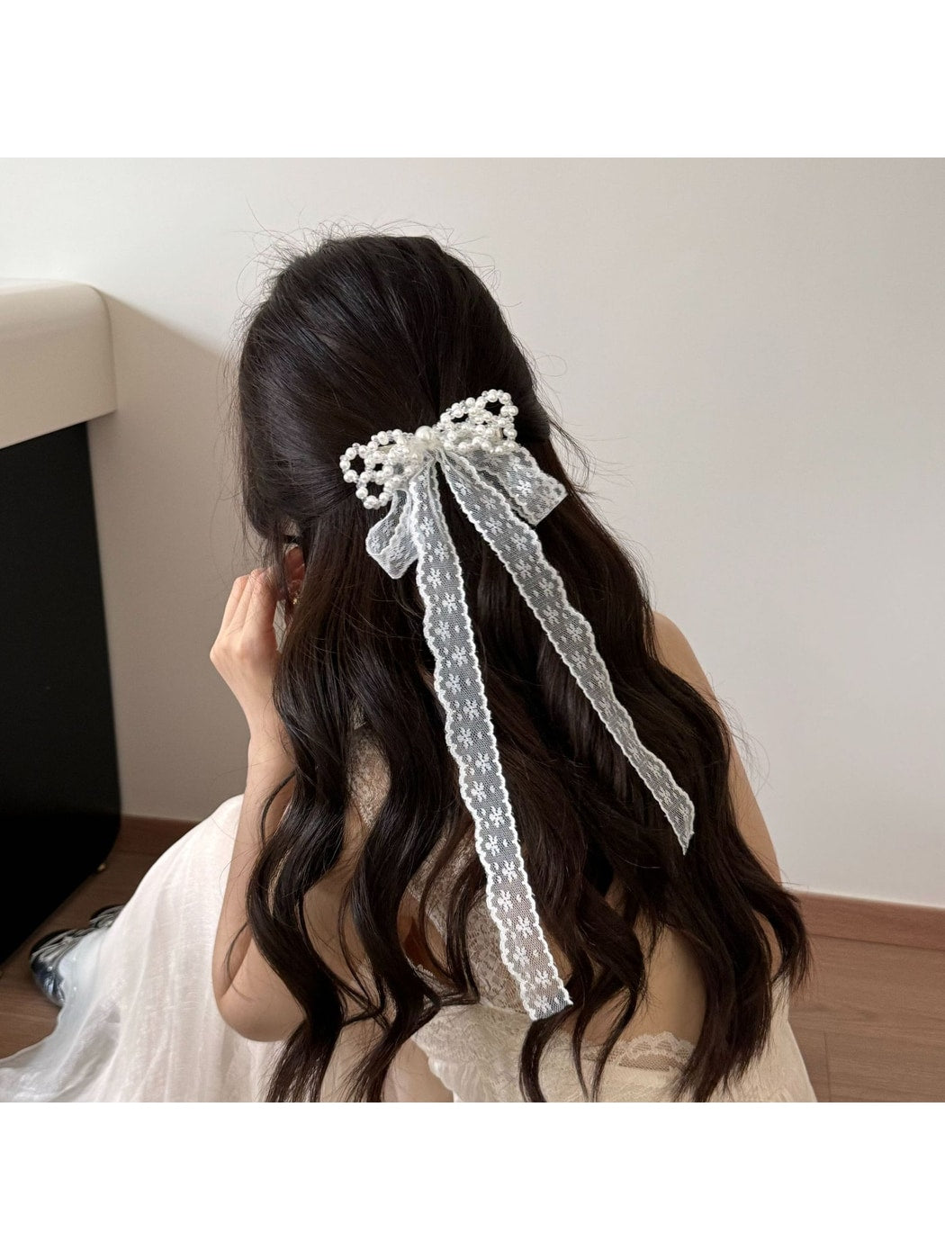 Beau - Beaded Bow Lace Ribbon Long Tail Hair Clip