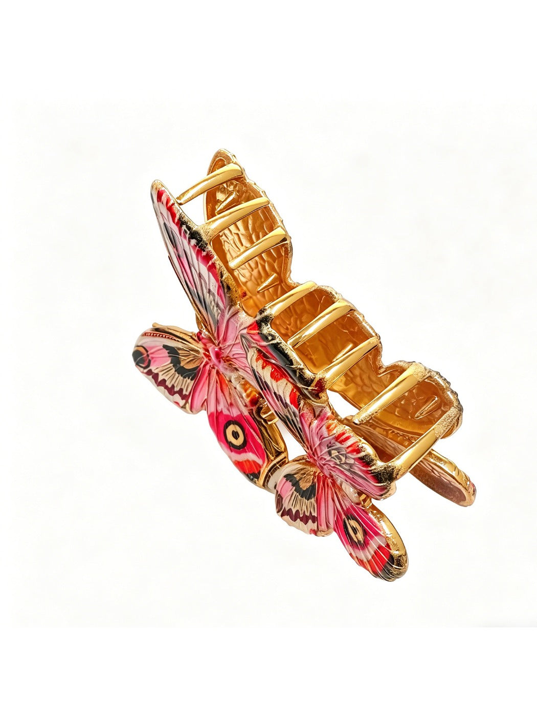 Side view of red butterfly hair clip highlighting clip mechanism