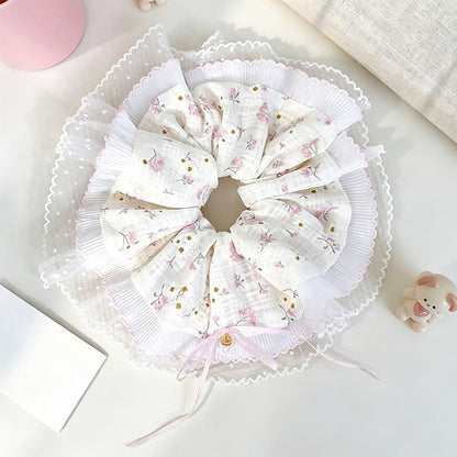 Gifty - Floral Lace Trim Pleated Ponytail Scrunchie