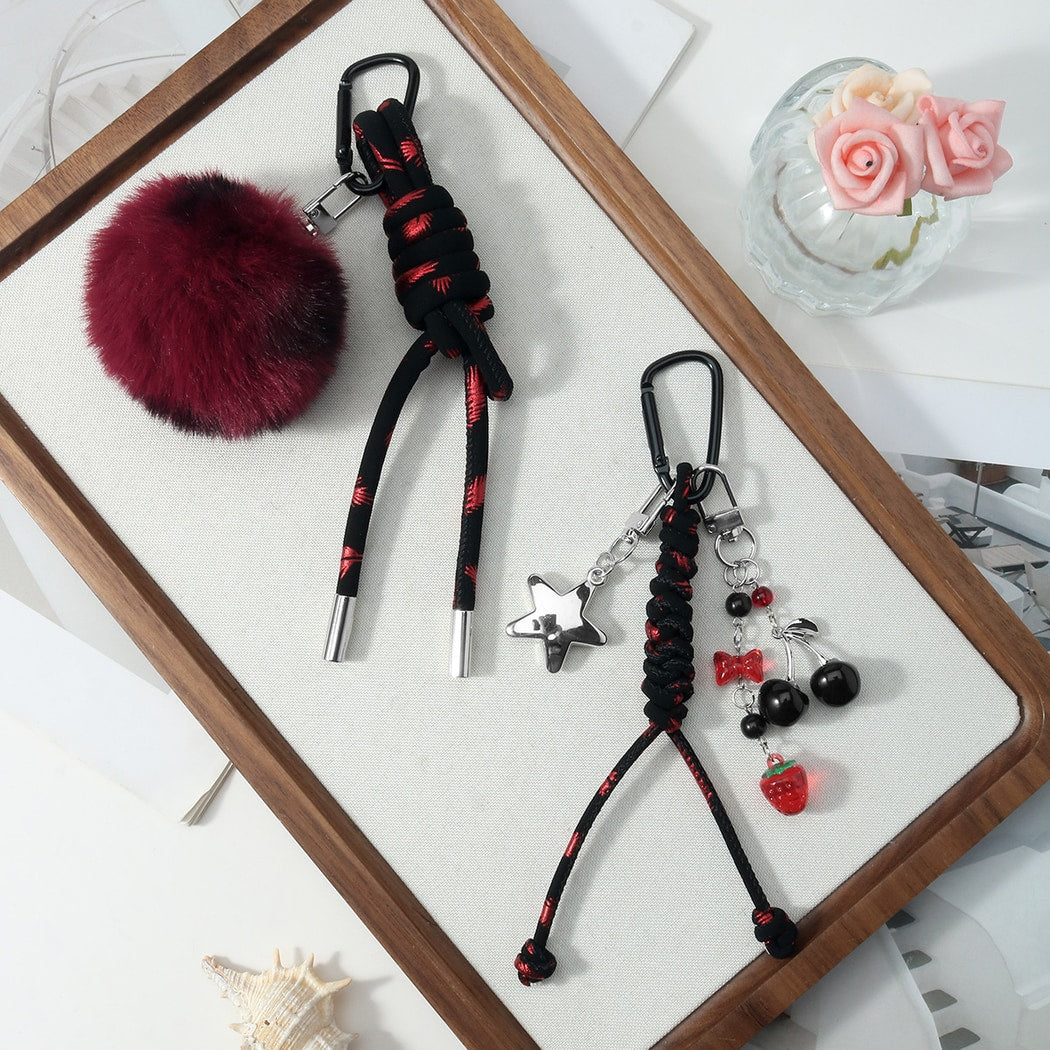 Keypus - Y2K Leopard Print Pom Pom Cherry Keychain