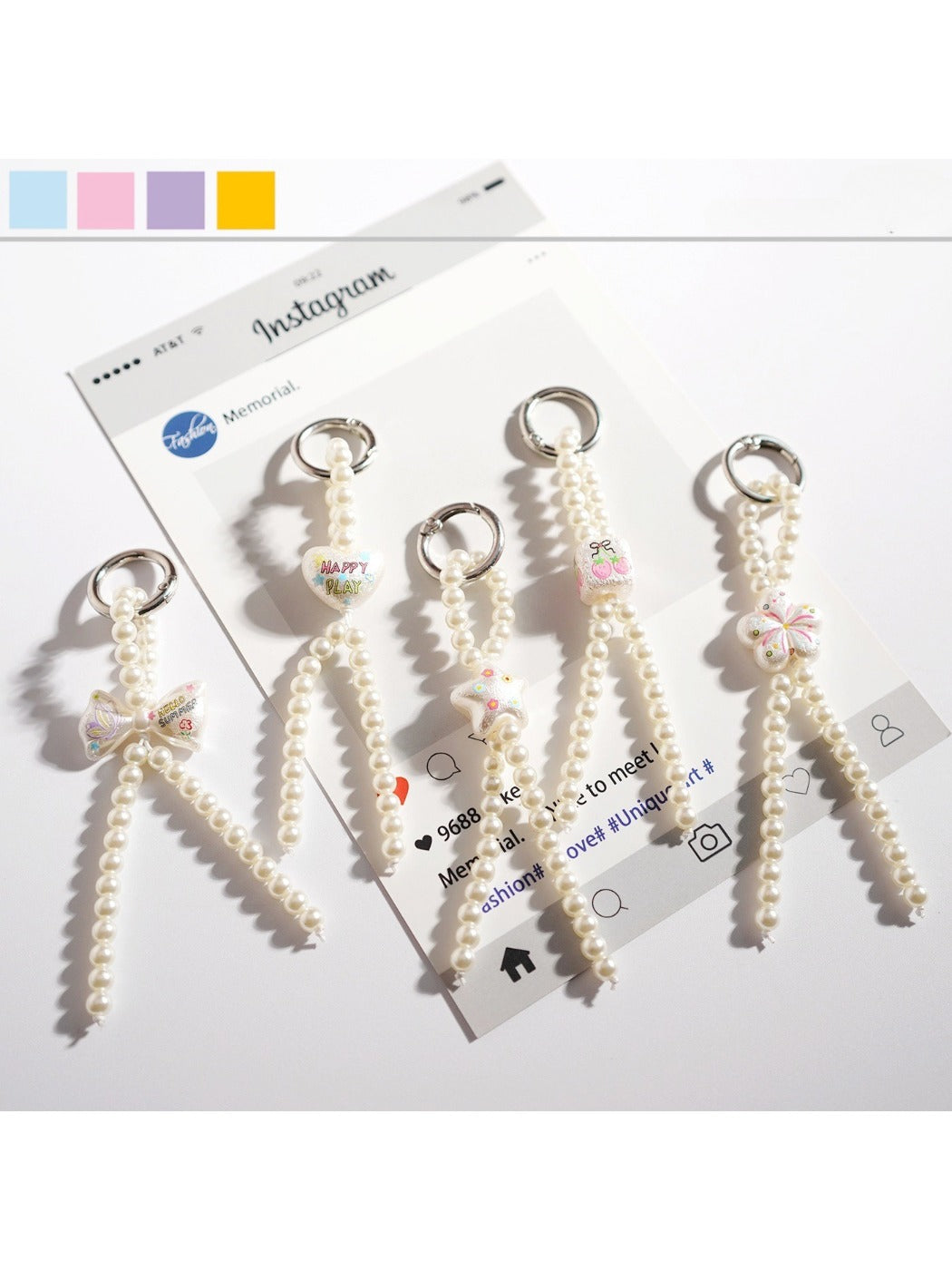 Keypus cute bow beaded keychain with pink and white beads on a silver keyring
