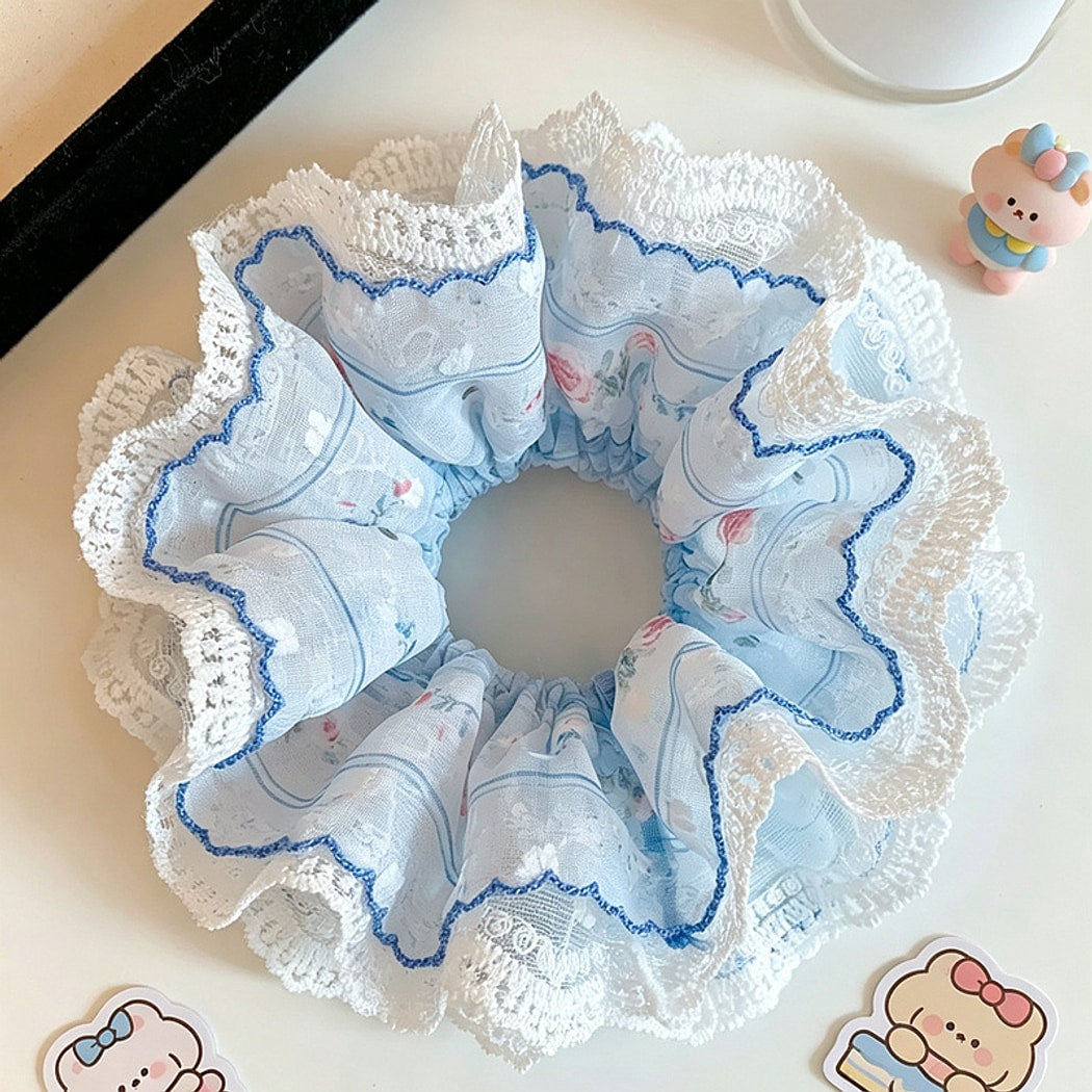 Gifty - Blue Floral Lace Trim Ruffle Edge Scrunchie