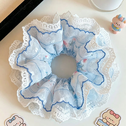 Gifty - Blue Floral Lace Trim Ruffle Edge Scrunchie