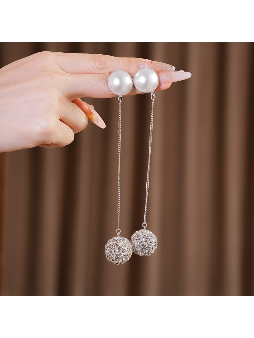 Earedge - Bead Accent Round Chain Drop Fashion Stud Earrings
