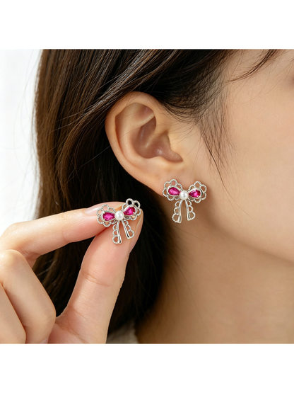 Earedge - Bow Detail Double Teardrop Alloy Stud Earrings