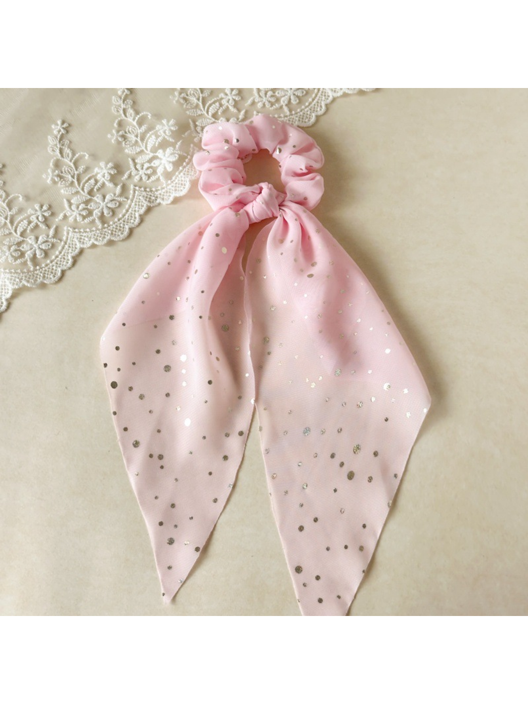 Gifty - Knotted Ribbon Dot Detail Hair Scrunchie