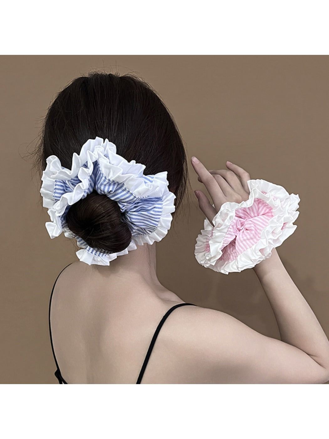 Close-up of Gifty Sweet Stripe Ruffle Scrunchie showing fabric texture and ruffle detail