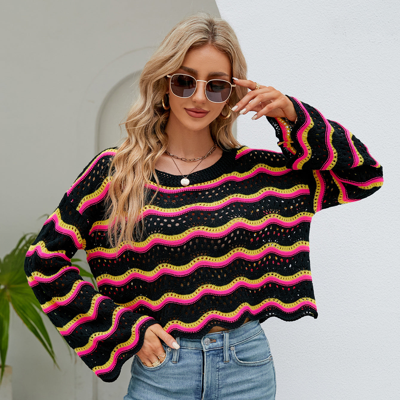 Crochet Fashionable Long Sleeve Striped Knit Sweater