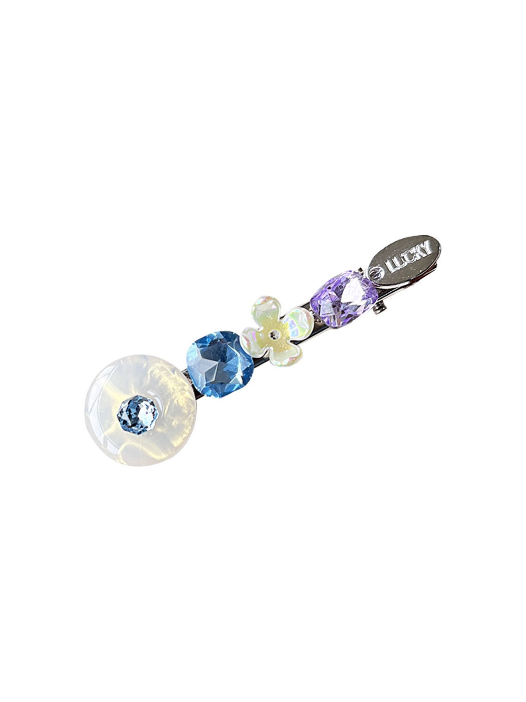 Beau hair clip held in hand to show size and detailed colorful rhinestone design