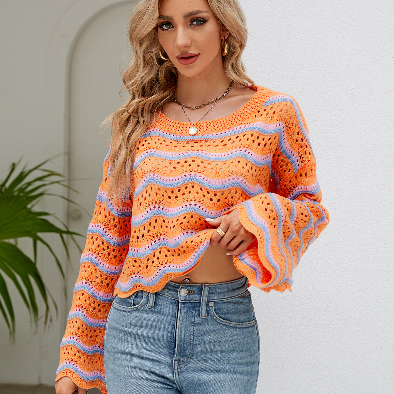 Crochet Fashionable Long Sleeve Striped Knit Sweater